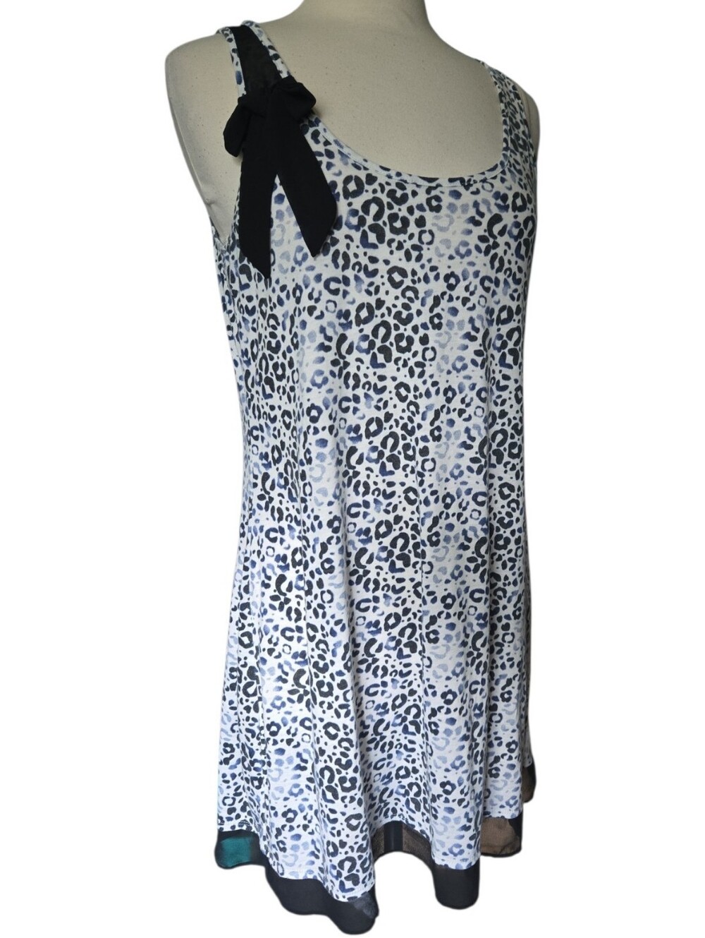 Jaclyn Smith Blue Leopard Print Sleepwear Tank Nightgown Dress Bow Accent - L
